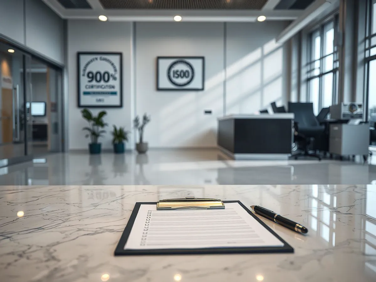 ISO 9001质量管理体系认证证书展示在整洁的办公楼大堂中